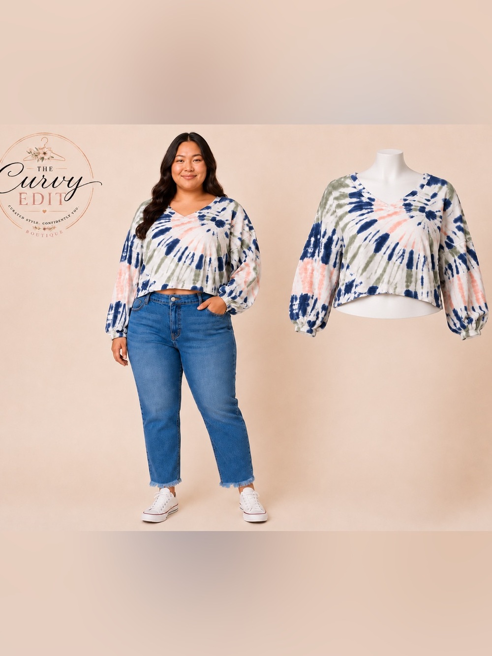 True Craft XL Blue Tie Dye Cropped Sweatshirt Cotton Oversized Pullover